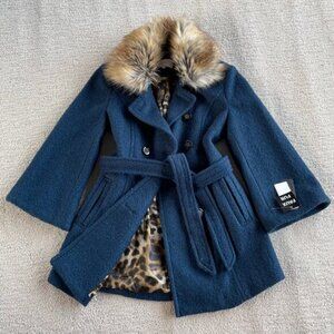 🔥NWT Laundry By Shelli Segal Wool Blend Double Breasted Faux Fur Collar Teal